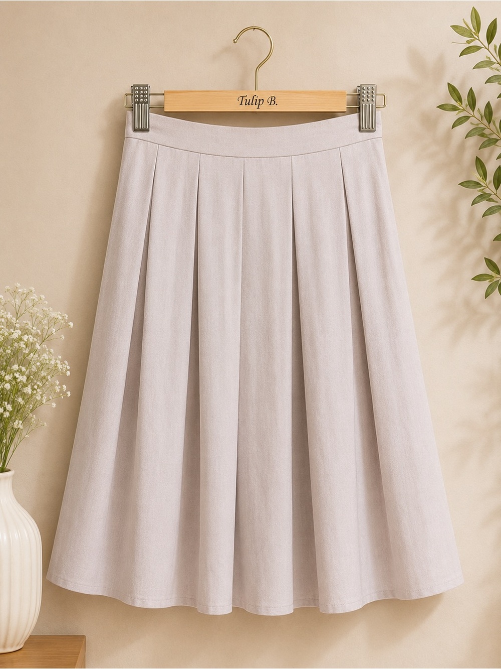 NWT Tulip B Elegant A-Line Pleated Skirt in Light Taupe Pockets Lined - Picture 4 of 7